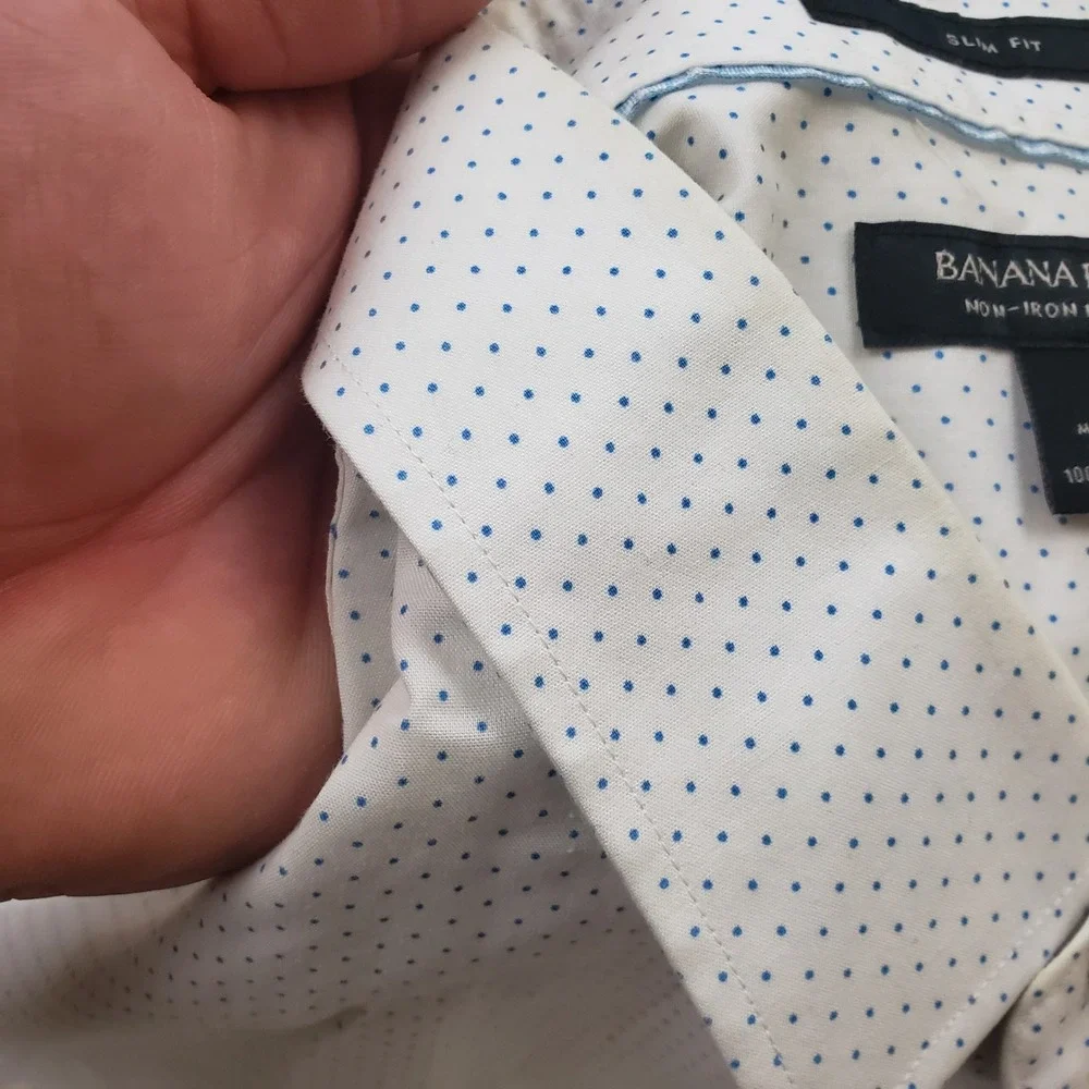 Banana Republic Shirt Mens L 16 White Blue Slim Fit Non-Iron‎ Dress Micro Dot *